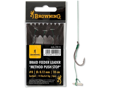 Przypony do metody Browning Method Push Stop / na plecionce / 10 cm / 6,4 kg / 0,12 mm / rozm. haka 6 / z zadziorem / 3 sztuki / *4720012* sklep wędkarski Makarfish