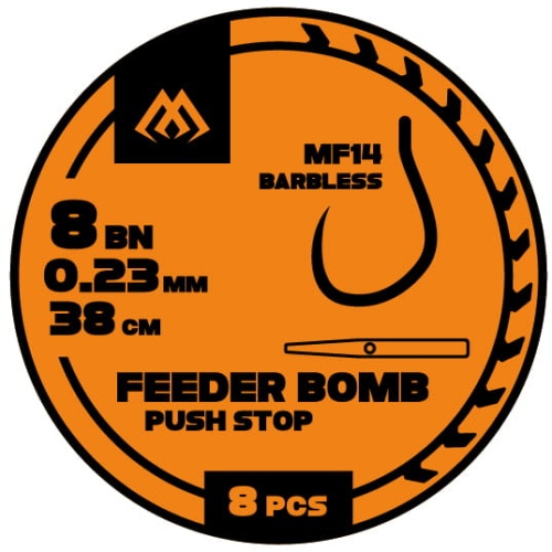 Przypon Mikado Feeder Bomb MF14 / push stop / na żyłce / bez zadziora / no 6 / 0,25 mm / 38 cm / 8 szt / *HFB14BP-06* sklep wędkarski Makarfish